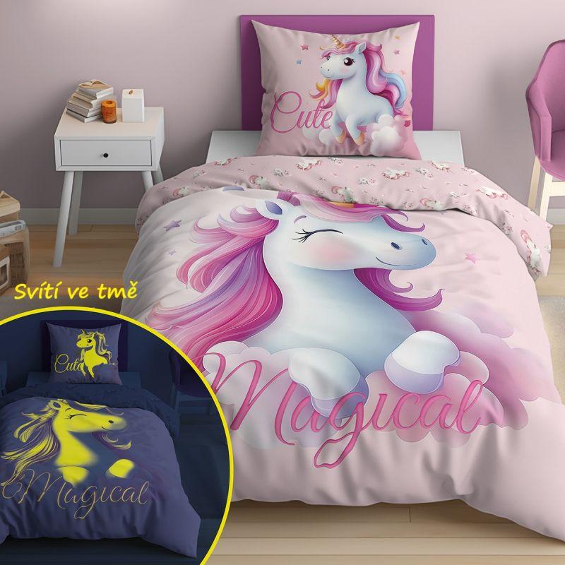 Obliečky Jednorožec Cute svietiace 140x200, 70x80