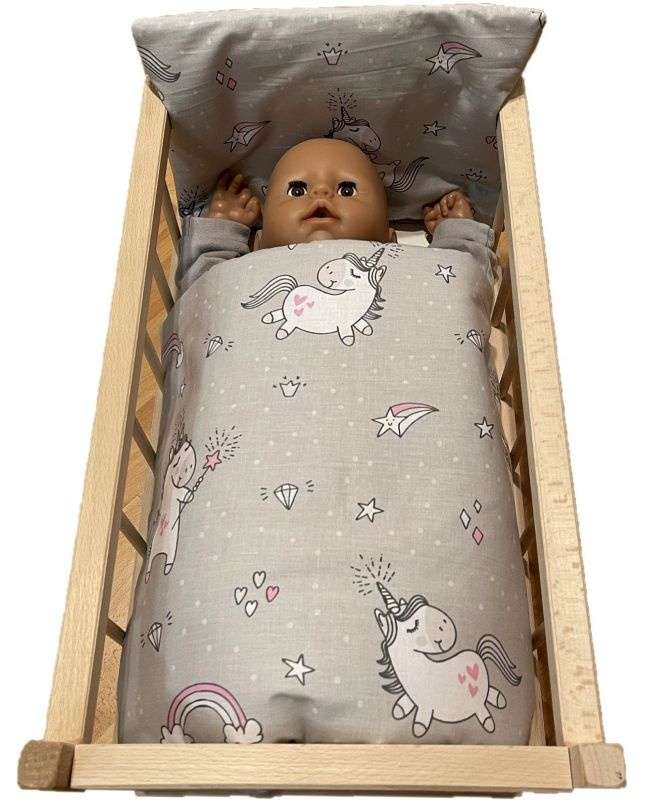 Súprava do postieľky pre bábiky Jednorožec sivá